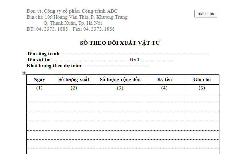 Sổ theo dõi vật tư